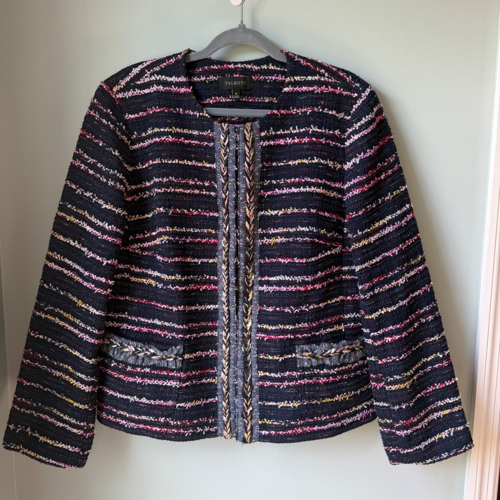 Talbots Textured Tweed Blazer Hook & Eye Jacket Blue Pink Chevron Trim Size 18